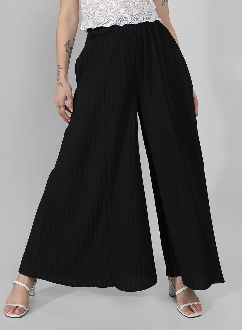 كامبوس سوترا Women's Midnight Black Striped Piping Flared Trousers For Casual Wear | High-Rise | Full Length | Pull On Closure | Pants Crafted With Comfort Fit For Everyday Wear